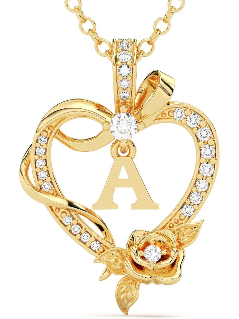 Initial Heart Necklace Gift For Women 14k Gold Plated Rose Pendant, Personaliz